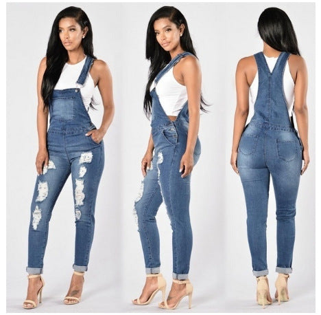 Women's Overalls Ripped Jeans Denim Trousers Skinny Jumpsuits – HiHalley