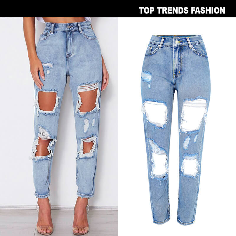 Long Ripped Pants Washed High Waisted Loose Women's Ripped Jeans Long Straight Pants ...