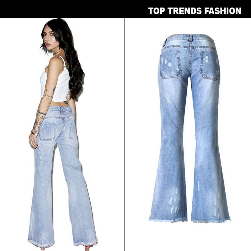 Wide Leg Women's Ripped Jeans Low Waisted Flare Bell Bottom Jeans ...