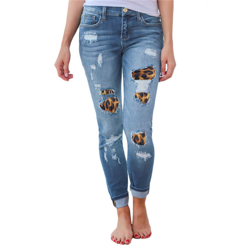 Women's Sexy Ripped Jeans Elasticity Leopard Print Jeans – HiHalley