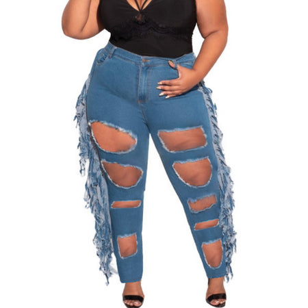 Buy Plus Size Ripped Jeans for Women Midi Waist Skinny Tassel Long Baggy Denim  Pants, Dark Blue, XX-Large at