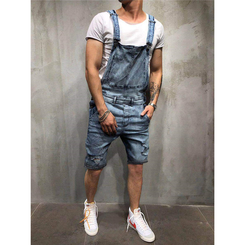 Men's Bib Overalls Shorts Jeans Sleeveless Ripped Denim Jumpsuit – HiHalley