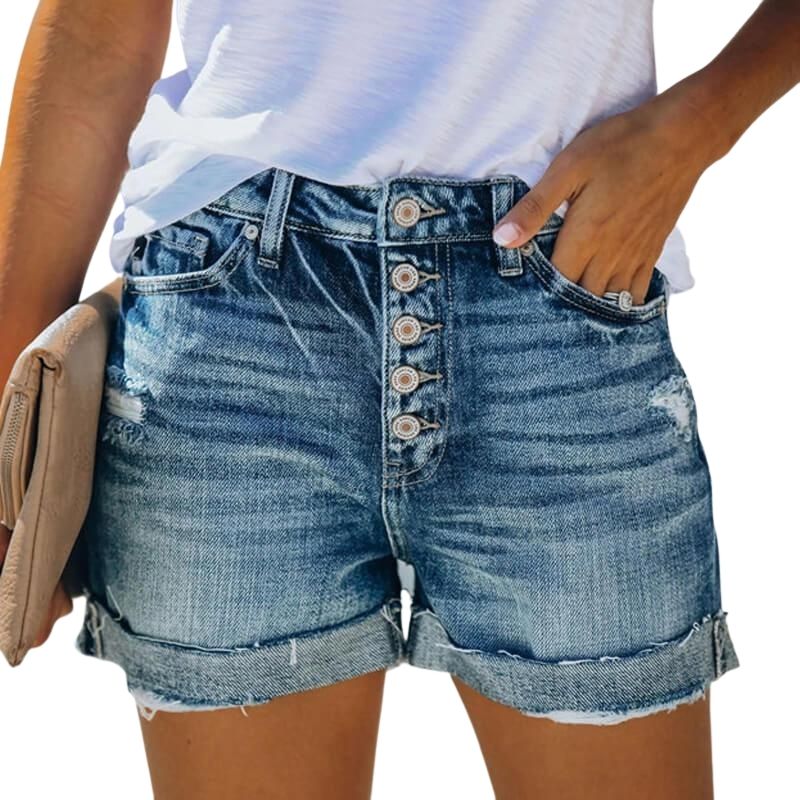 Women's Ripped Denim Jean Shorts Stretchy Folded Hem Short Jeans – HiHalley
