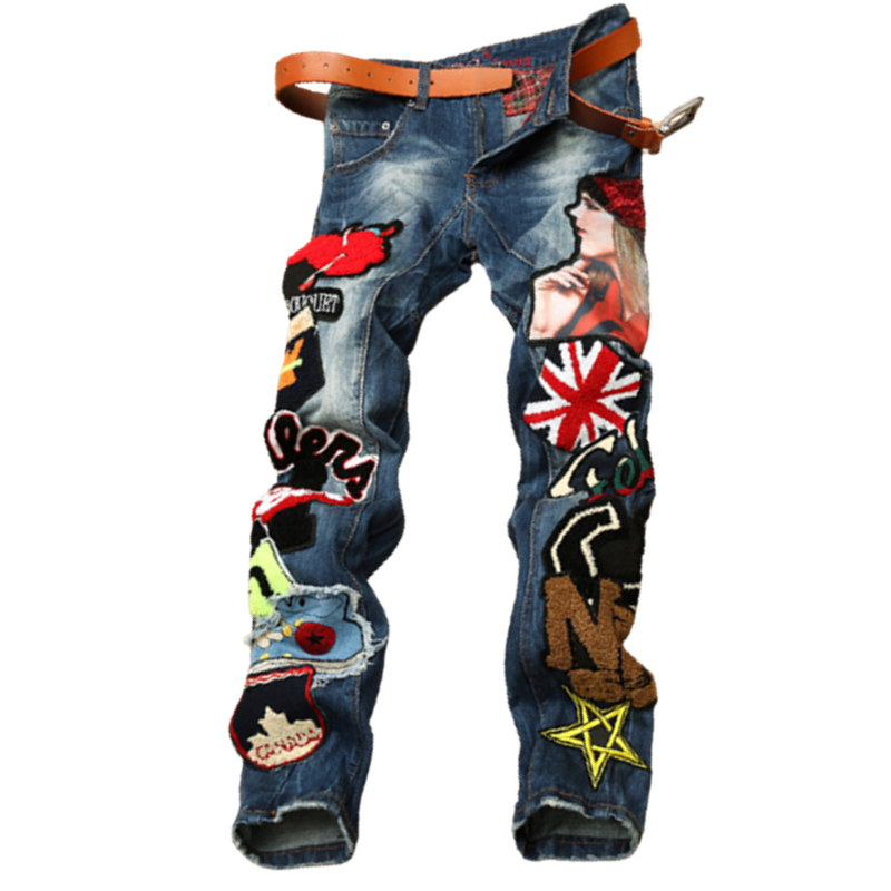 Motorcycle Jeans Embroidery Straight Men's Patchwork Streetwear Jeans ...