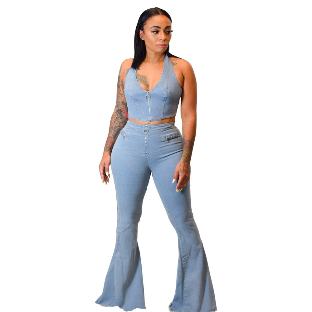 Womens Button Zipper Jeans Denim Flares Sexy Set Tops Pants Suit  HiHalley